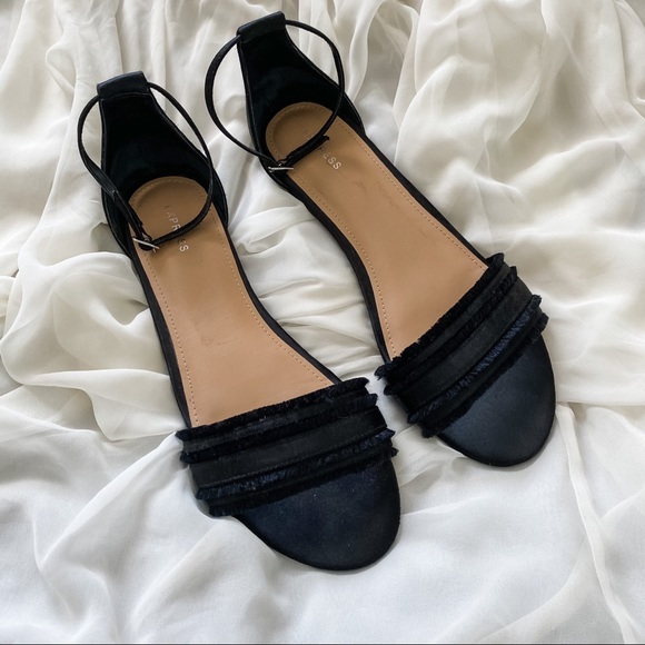 Express Shoes - Black Satin Fringe Ankle Strap Sandals | 10